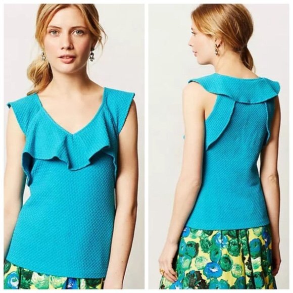 Anthropologie Deletta Turquoise Ruffle Top - Picture 1 of 4
